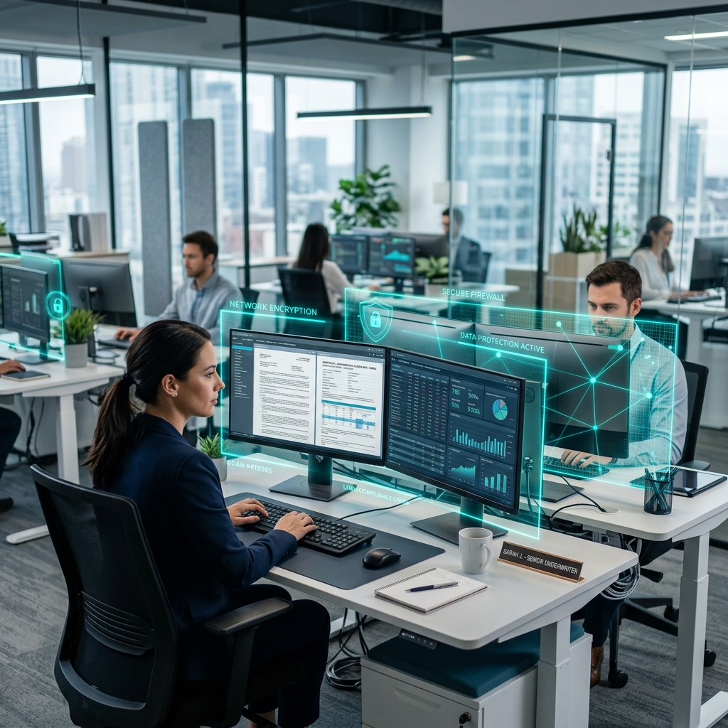Mortgage underwriting office with glowing firewall overlays