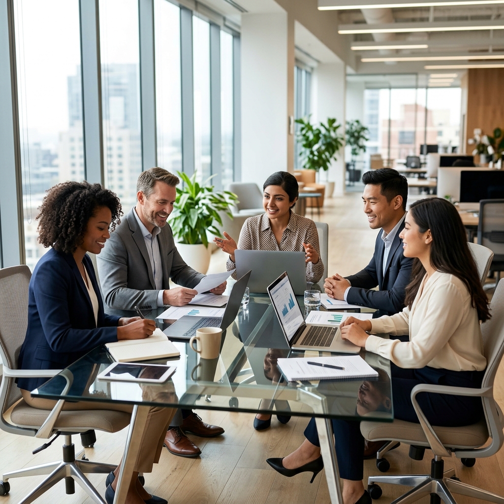Intellence team collaborating in a modern office