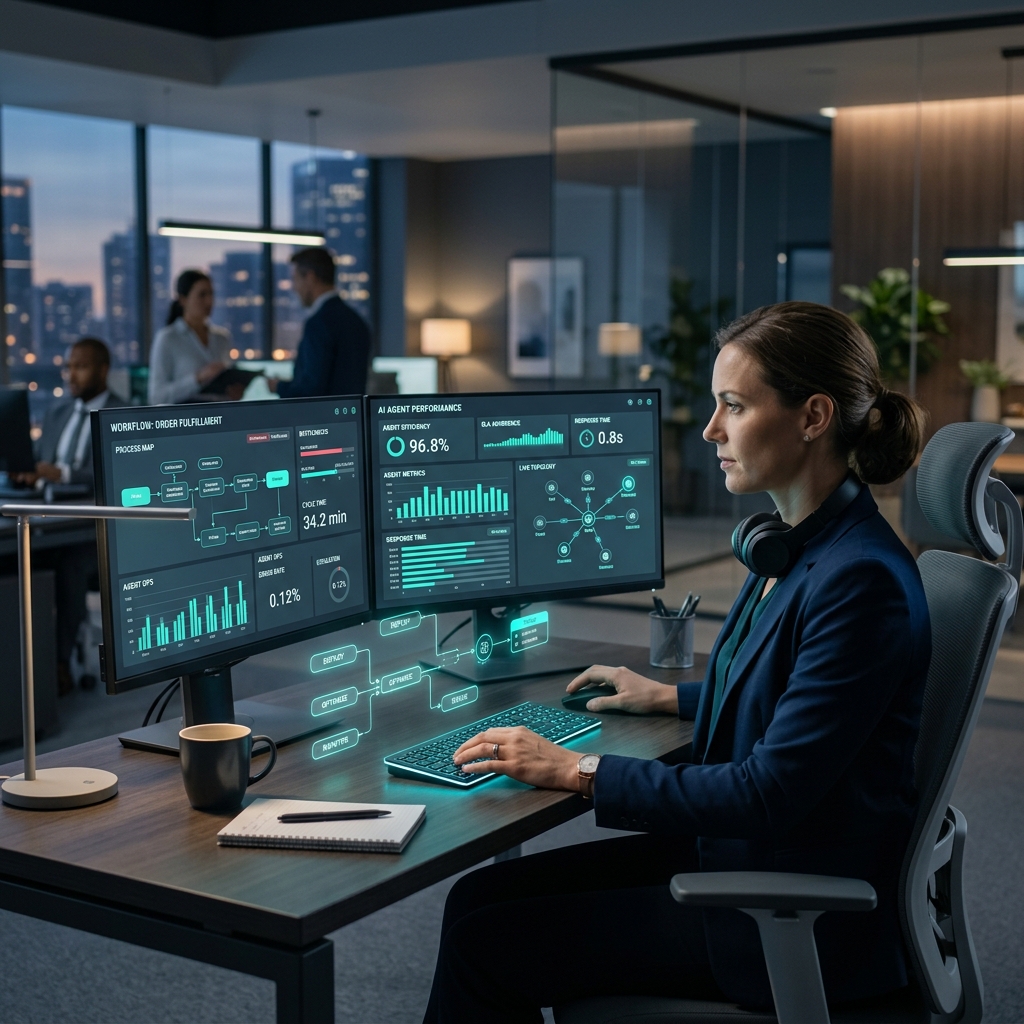 Operations Analyst collaborating with AI agent dashboards